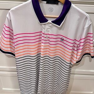 G/FORE White Polo with Pink, Orange, Black Stripes and Purple Collar